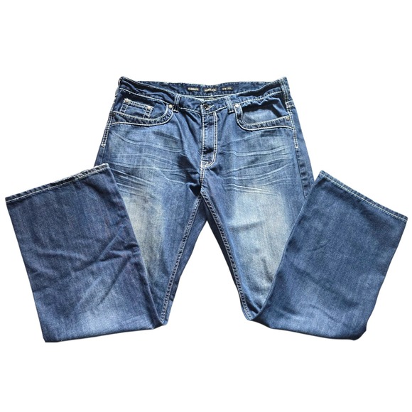 Helix Relaxed Bootcut Jeans White Stitch Detail‎ Dark Wash Denim 38x32 - Picture 1 of 8